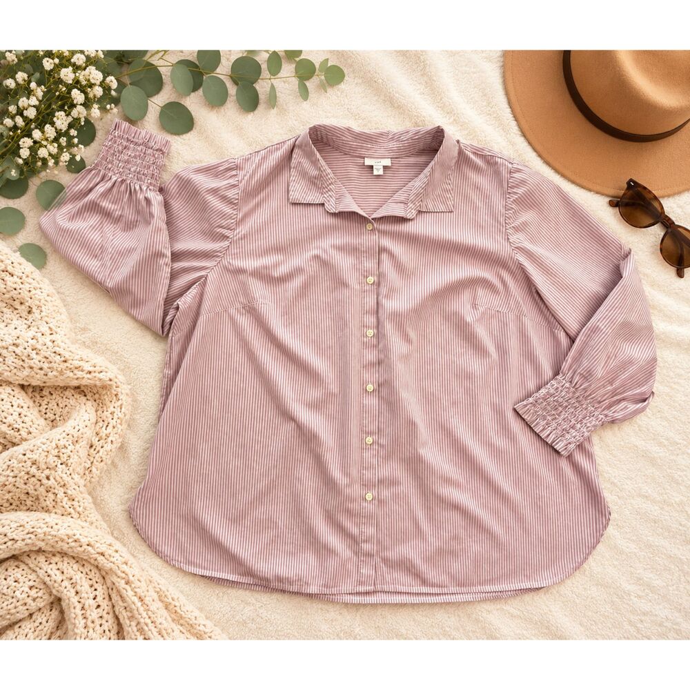 J.Jill 3X Pink White Striped Button Front Cotton Tencel Blouse